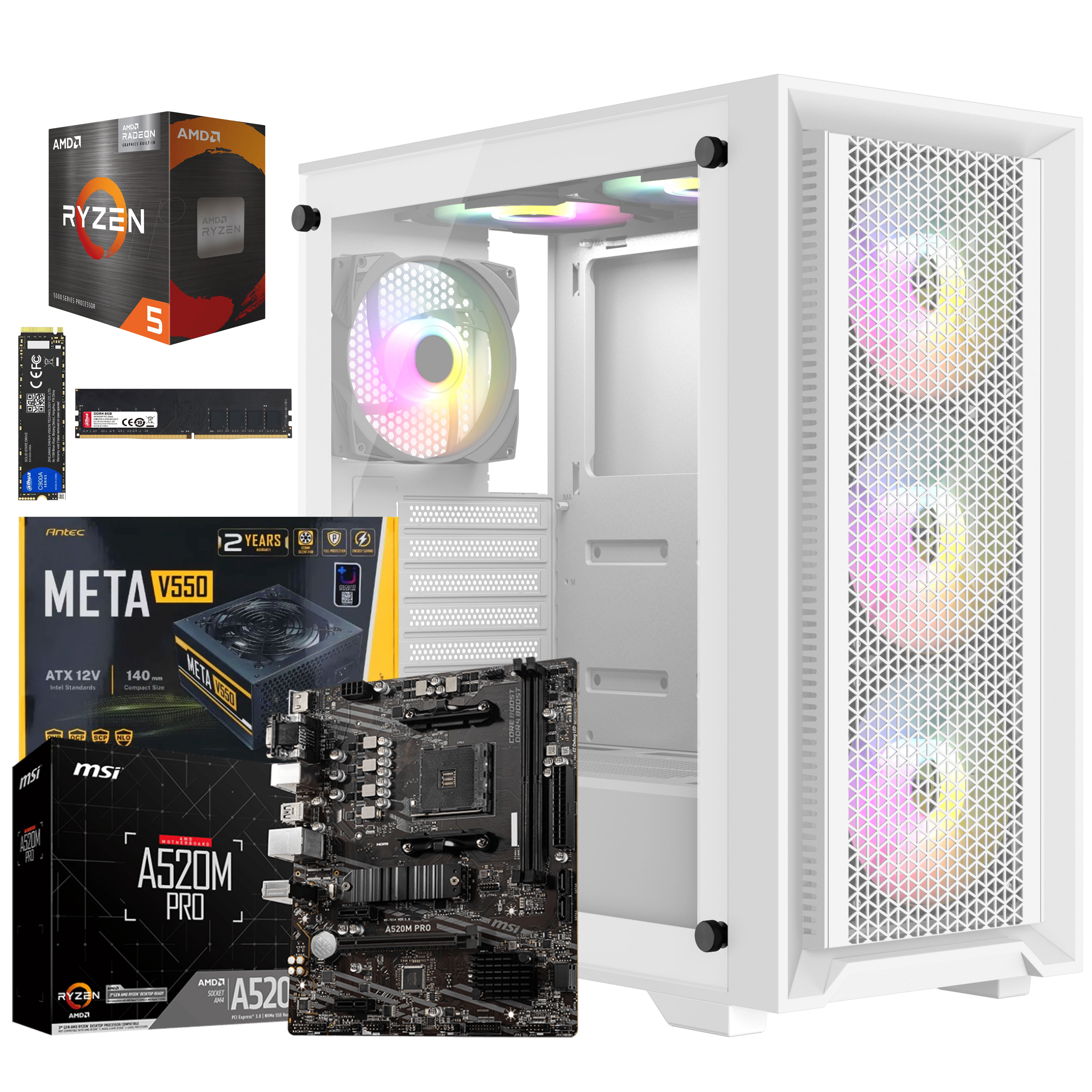 Unite Gamer AMD RZN5 5600GT/CM A520M/DDR4 8G 3200Mhz/NVME dahua 256GB /PSU 550W/CASE SPECTRUM full White plus 4Pcs Fan 12cm ARGB + Controller 10 sorties