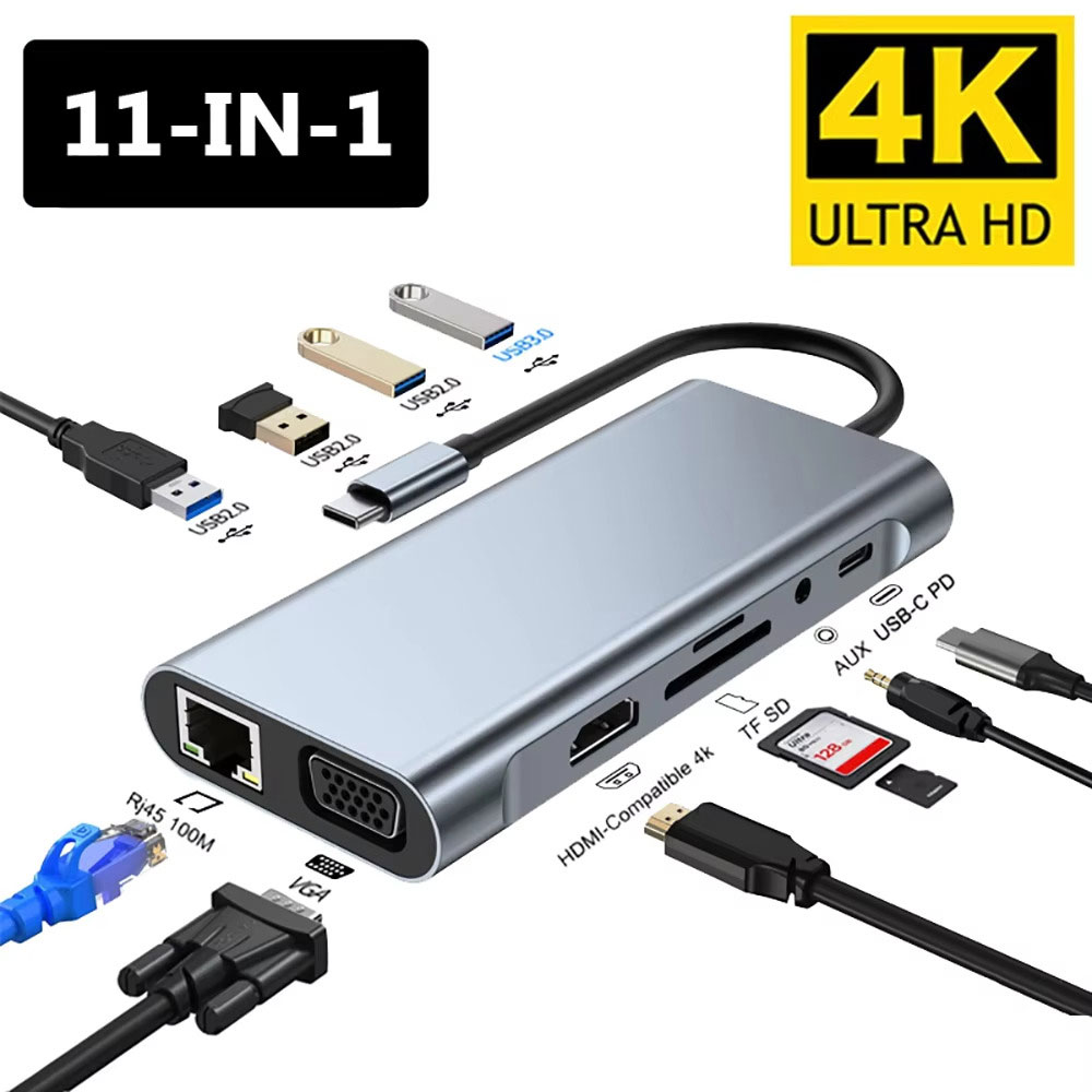 Adaptateur TYPE-C TO HDMI 11IN1 (LAN/TYPE C/SD CARD/X4 USB/AUDIO/HDMI/VGA)