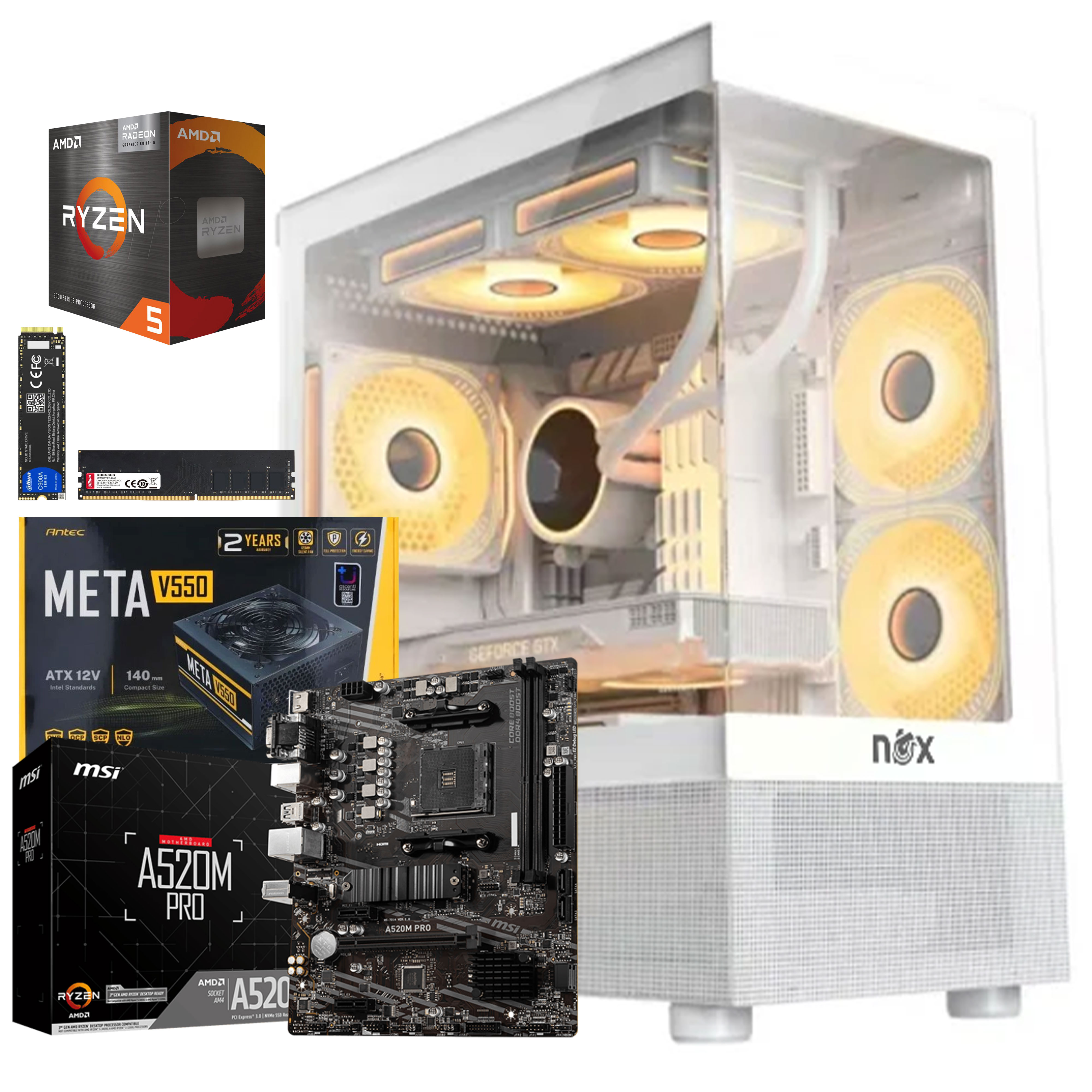 Unite Gamer AMD RZN5 5600GT /CM A520 /DDR4 8G 3200Mhz / NVME 256 GB /PSU 550/ CASE RAVEN full WHITE plus 5Pcs Fans M31-12cm ARGB + Controller 10 sorties