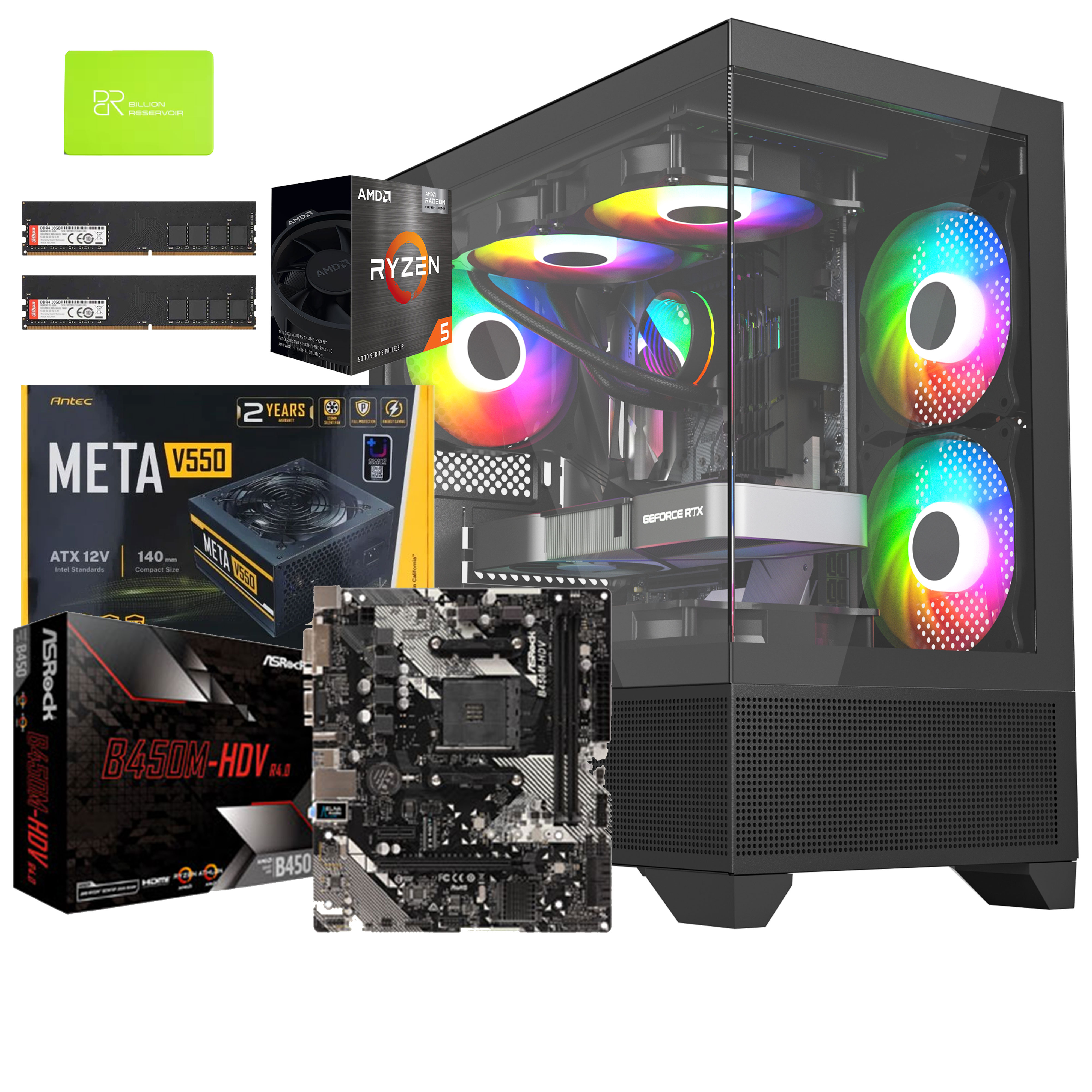 Unite Gamer AMD RZN5 5650G/CM B450M-HDV/DDR4 16G 3200Mhz/SSD 256 GB /PSU 550/CASE NOX RAVEN full Black plus 5Pcs Fans M31-12cm ARGB + Controller 10 sorties