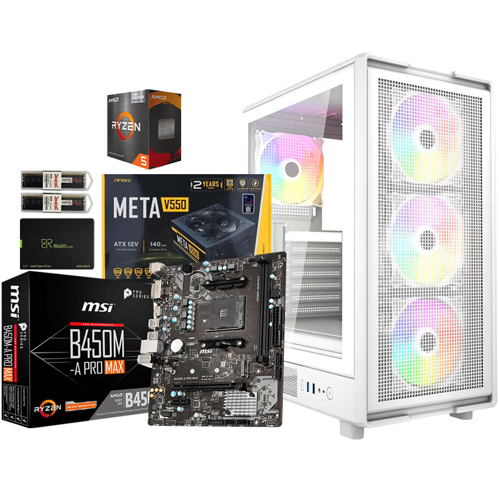 Unite Gamer AMD RZN5 5600G/CM B450M/DDR4 8G 3200Mhz/SSD 256GB /PSU 550W/CASE NOX APEX FLOW full White plus 4Pcs Fans RGB