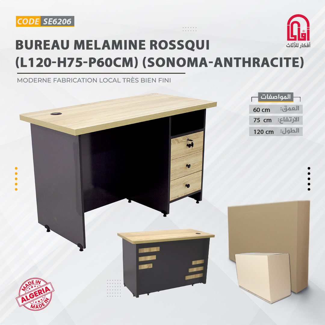 Bureau Melamine ROSSQUI (L120-H75-P60cm) (Sonoma-Anthracite)