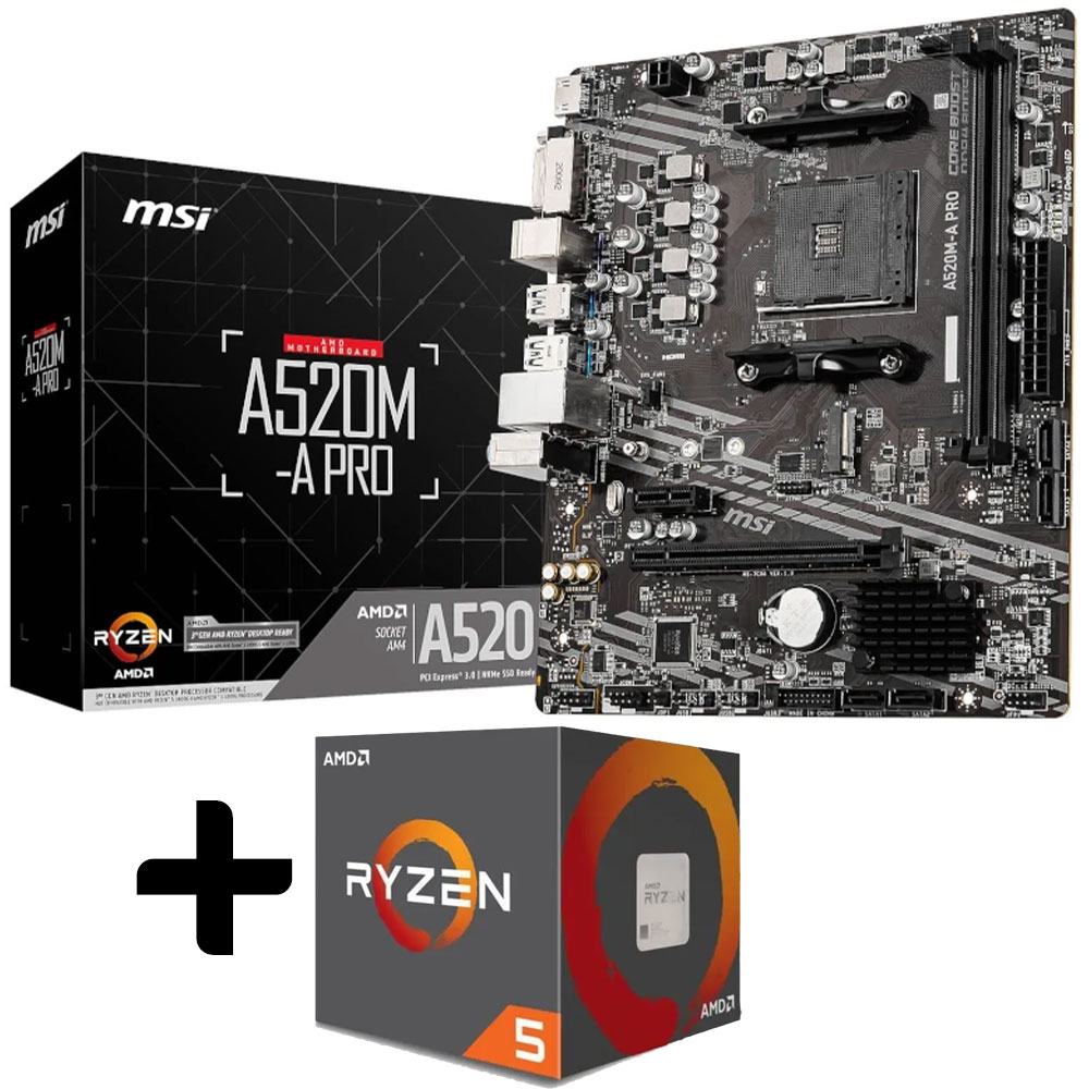 Kit CARTE MERE MSI A520M-A PRO AMD DDR4 HDMI/DVI/USB 3.0 X4/USB 2.0 X2 (Ryzen AM4) plus Processeur Ryzen 5 3400G Box