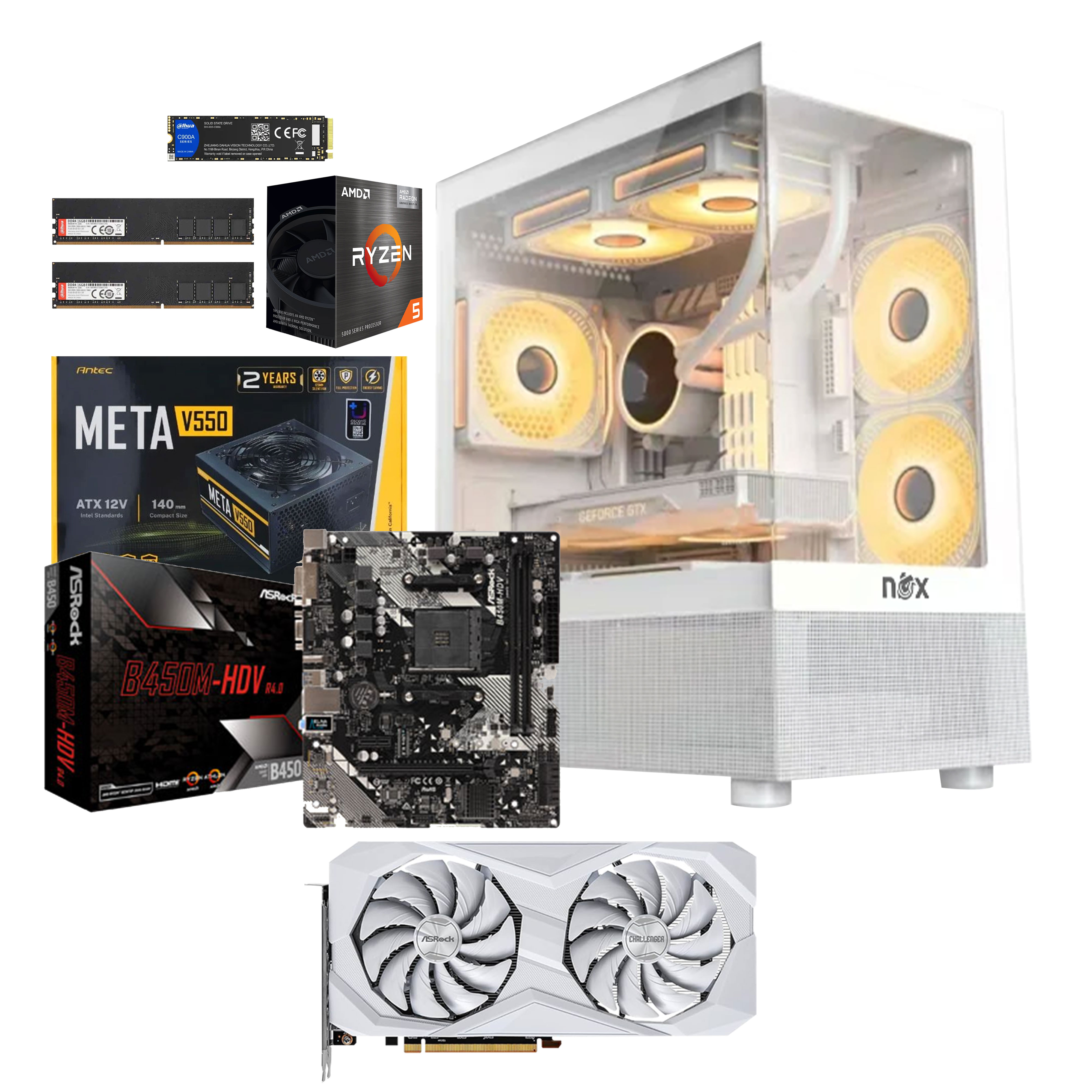 Unite Gamer AMD RZN5 5600GT /CM B450M-HDV /DDR4 16G 3200Mhz / NVME 512 GB /Carte Graphique ASROCK RADEON RX6600 8G/PSU 550/ CASE RAVEN full WHITE plus 5Pcs Fans M31-12cm ARGB + Controller 10 sorties