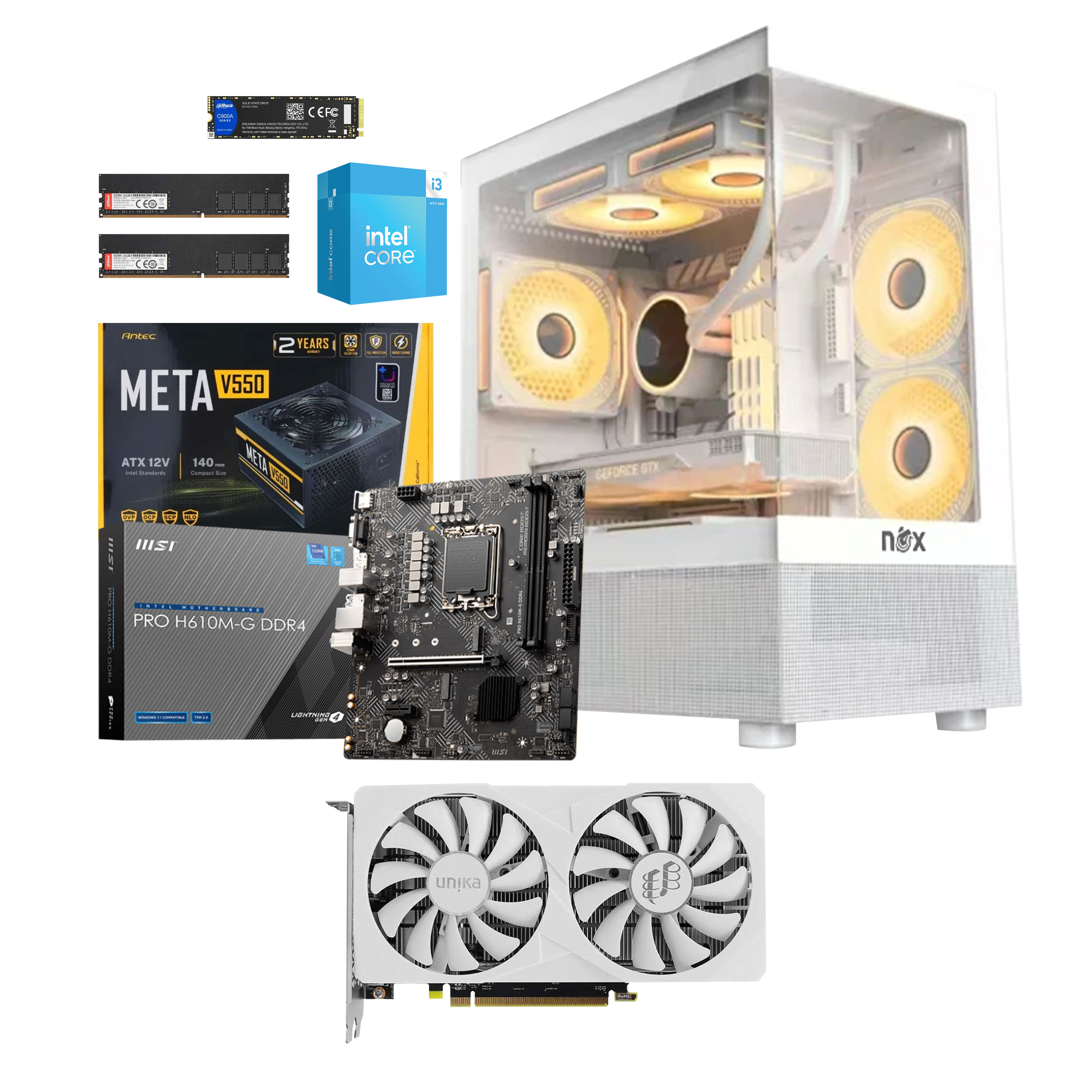 Unite Gamer Intel I3 14100F / CM H610/DDR4 16G 3200Mhz / NVME 512GB / Carte Graphique AMD RX6650XT / PSU 550 / CASE NOX RAVEN full White plus 5Pcs Fans M31-12cm ARGB + Controller 10 sorties