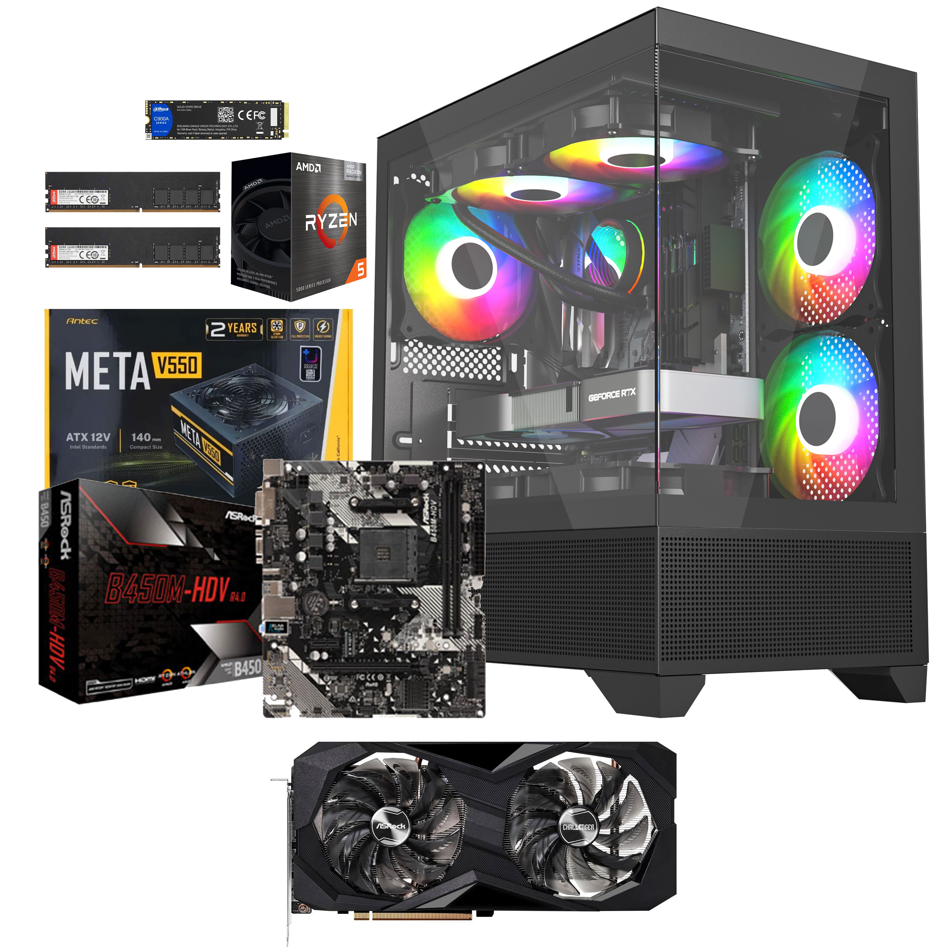 Unite Gamer AMD RZN5 5600GT /CM B450M-HDV /DDR4 16G 3200Mhz / NVME 512 GB /Carte Graphique ASROCK RADEON RX6600 8G/PSU 550/ CASE RAVEN full Black plus 5Pcs Fans M31-12cm ARGB + Controller 10 sorties