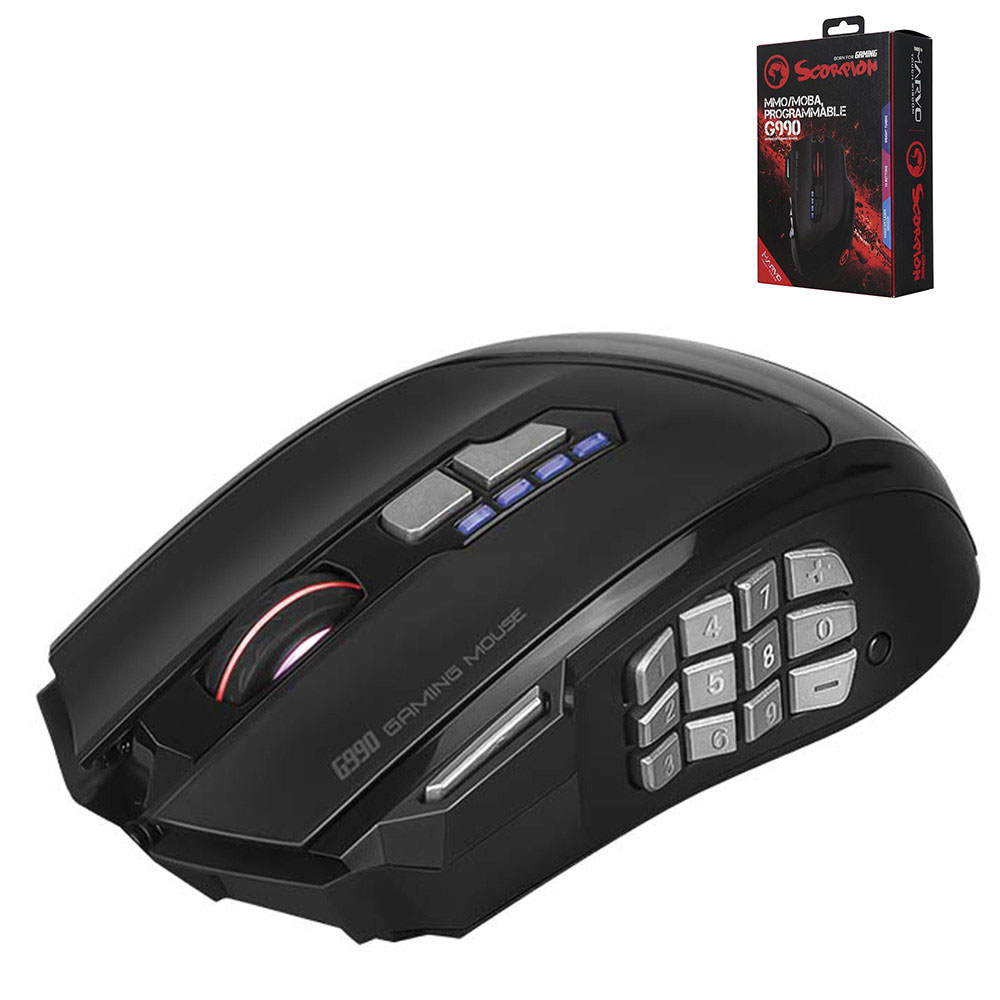 Souris MARVO Scorpion G990 /Laser, Avago 9800/12000 FPS, 30 G max. accel./16000 DPI/18 Buttons (programmable)/20 million clicks/1000 Hz/RGB (Im)