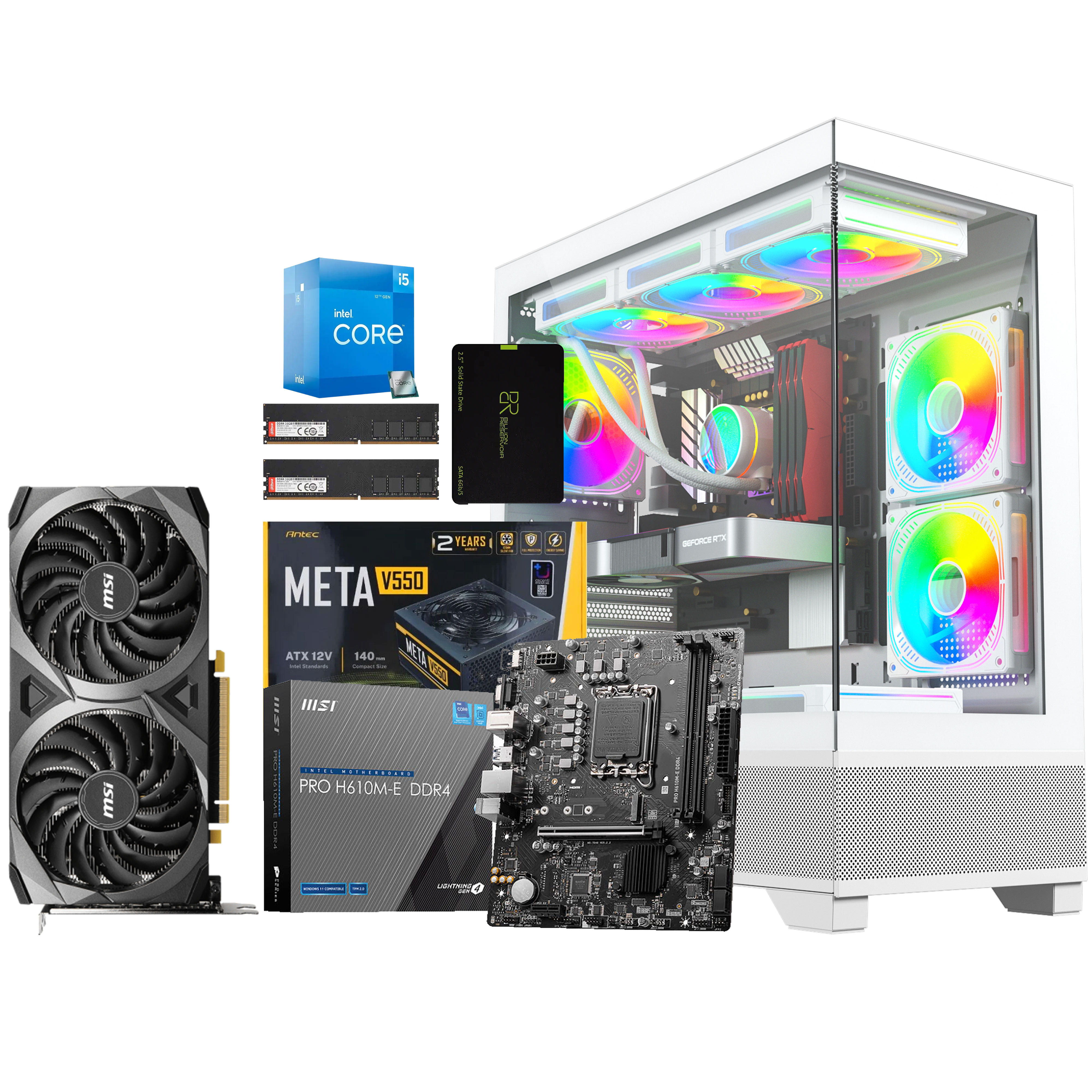 Unite Gamer Intel I5 12400 /CM MSI H610-E /DDR4 16G 3200Mhz / SSD 256 GB/Carte Graphique GEFORCE RTX 3060 8G/ PSU 550W / Case NOX ASPIR FLOW full White plus 6Pcs Fan 12cm ARGB + Controller 10 sorties