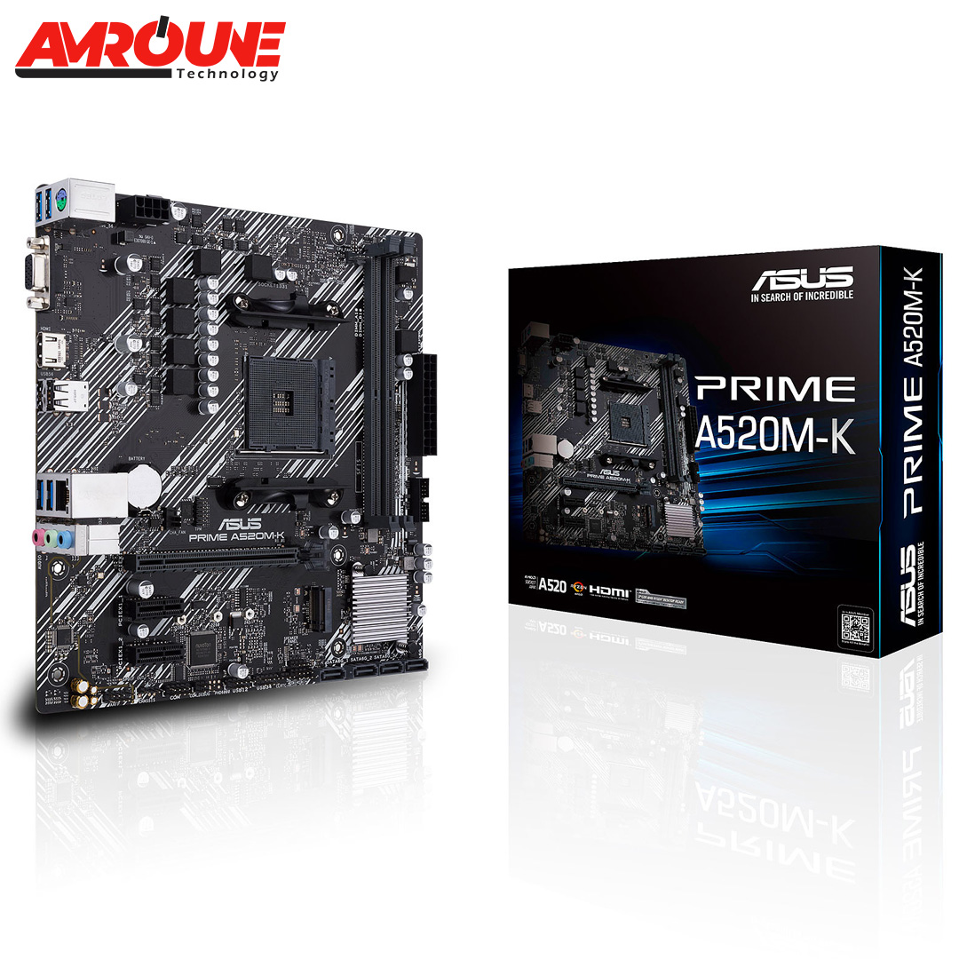 Carte mère Asus Prime AMD A520M-K (Ryzen AM4) au format micro ATX avec support M.2, Ethernet 1 Gb, HDMI/D-Sub, SATA 6 Gb/s, USB 3.2 Gén.1 Type-A