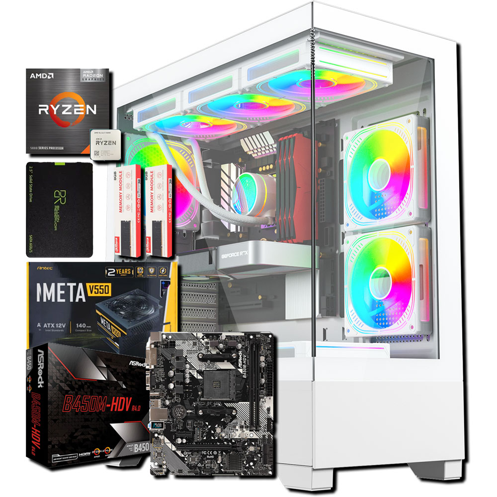 Unite Gamer AMD RZN5 5600GT/CM B450M-HDV/DDR4 8G 3200Mhz/SSD 256GB /PSU 550W/CASE Gamer NOX ASPIR full White plus 6Pcs Fan 12cm ARGB + Controller 10 sorties